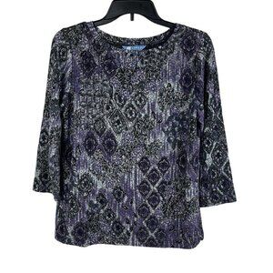 Koret Womens Small Purple & Black Floral Print 3/4 Sleeve Top